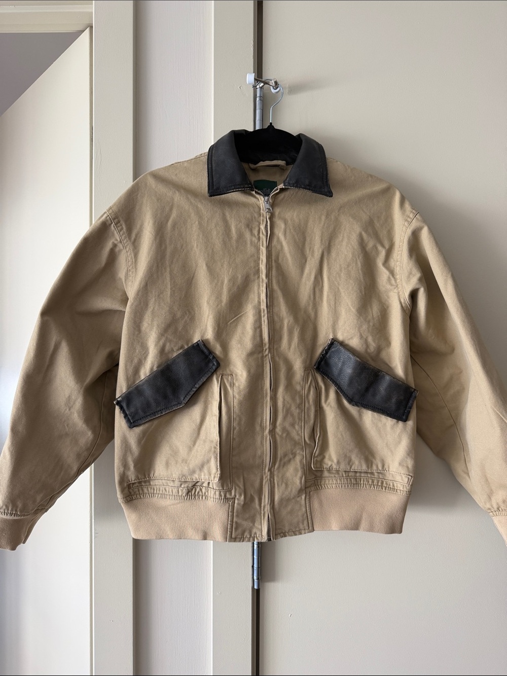 Beige Canvas Jacket with Toned Vegan Leather Collar and Pocket Flaps